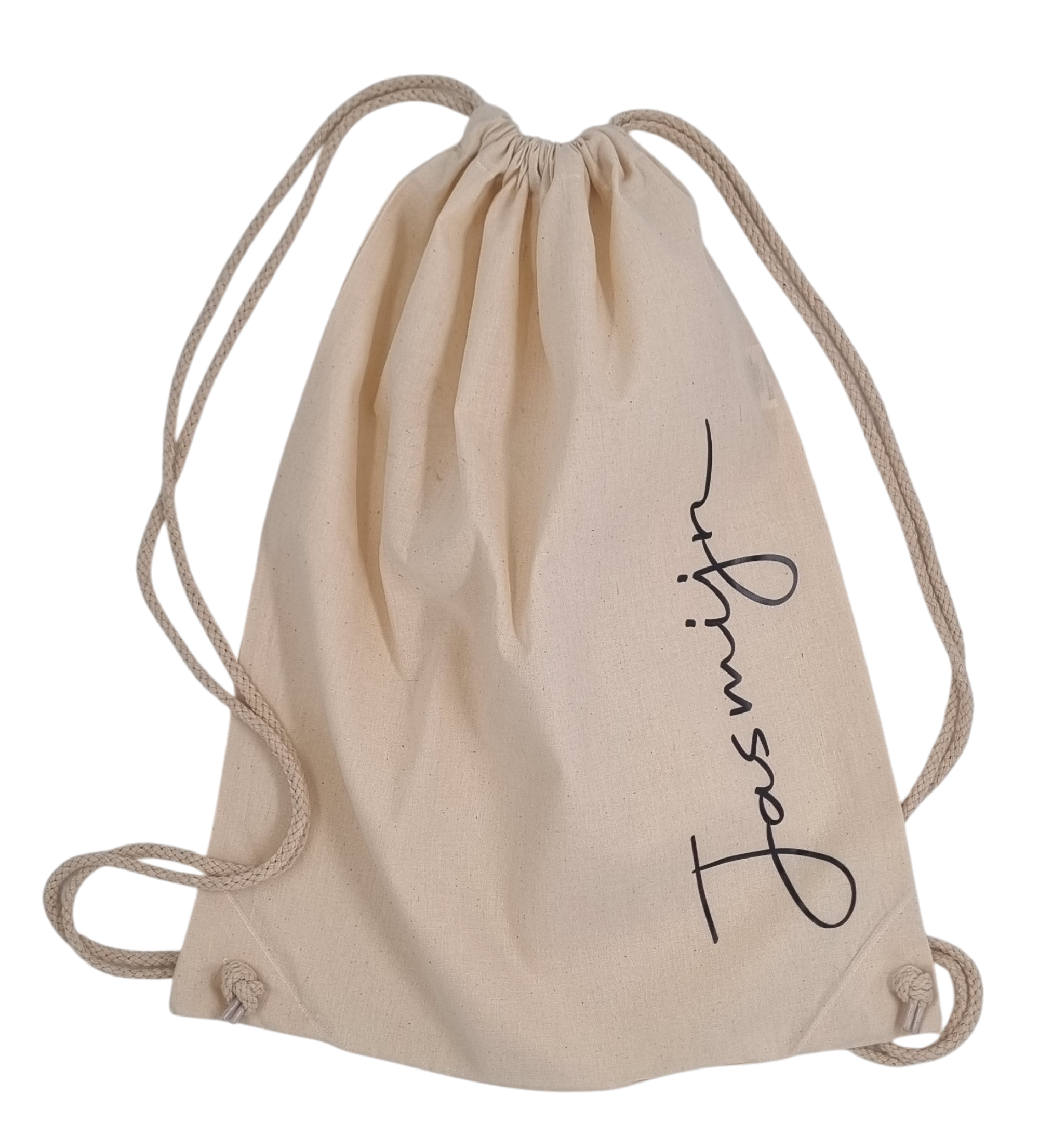 Beige katoenen gymtas met trekkoord en gepersonaliseerde naam in sierlijk zwart handschrift