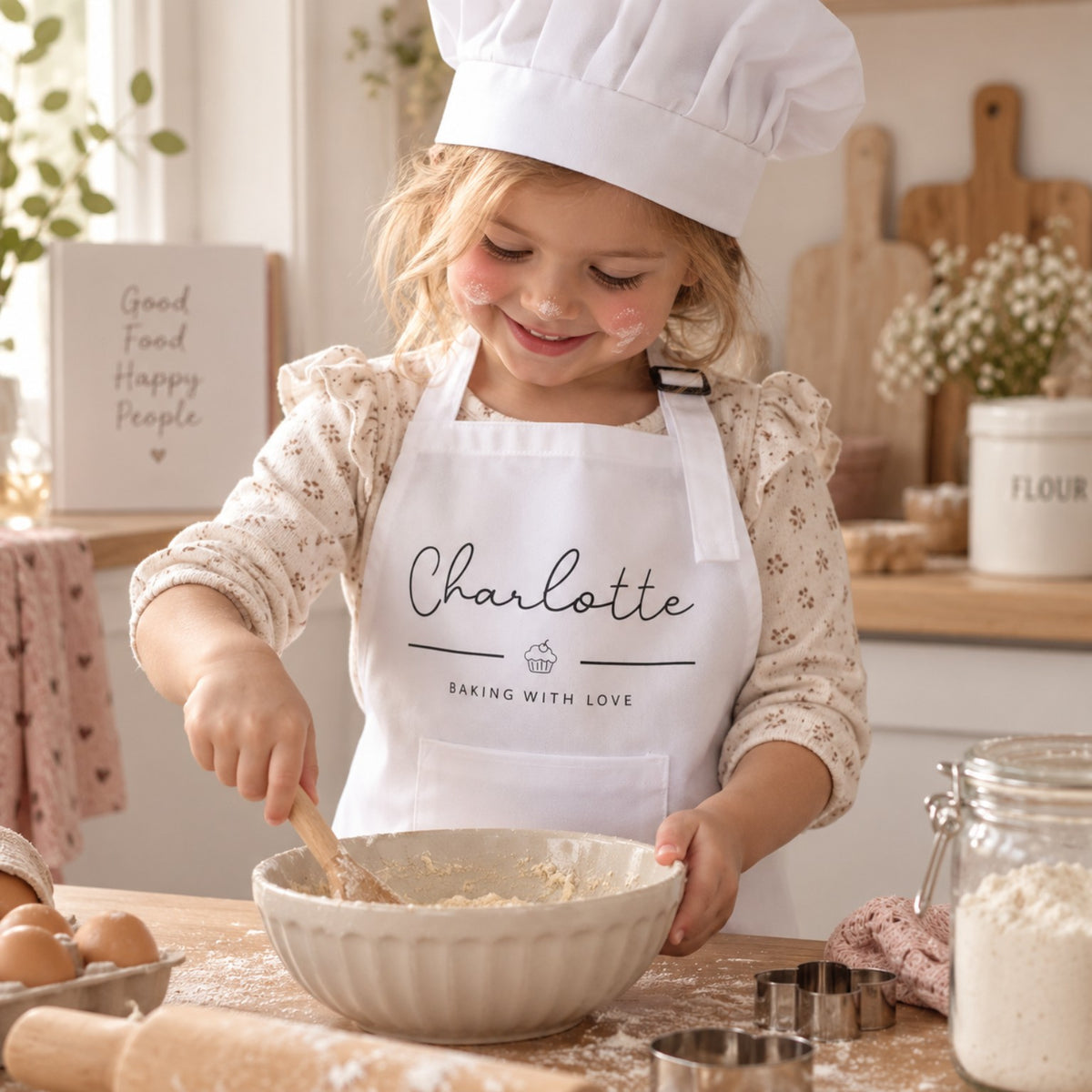Gepersonaliseerd kindershort met naam en koksmutsje