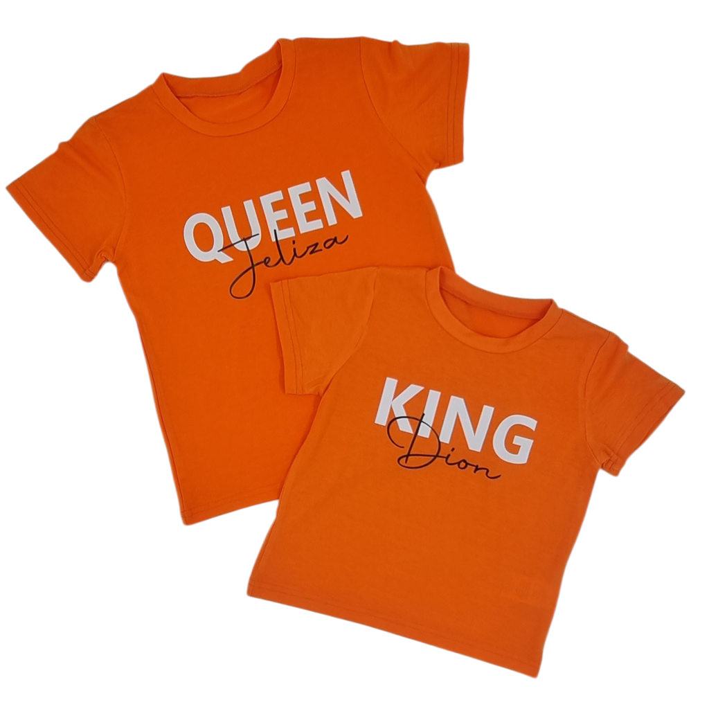 Gepersonaliseerd kinder t-shirt KING of QUEEN met naam, oranje shirt voor kinderen