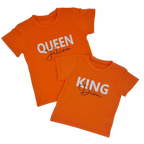 Gepersonaliseerd kinder t-shirt KING of QUEEN met naam, oranje shirt voor kinderen