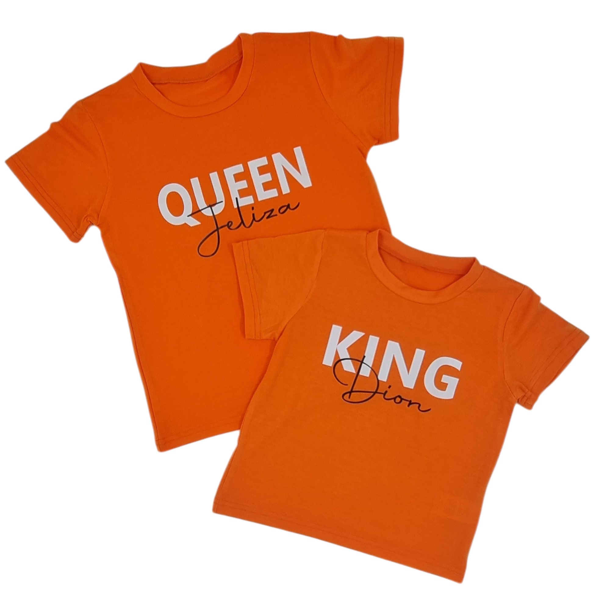Gepersonaliseerd kinder t-shirt KING of QUEEN met naam, oranje shirt voor kinderen
