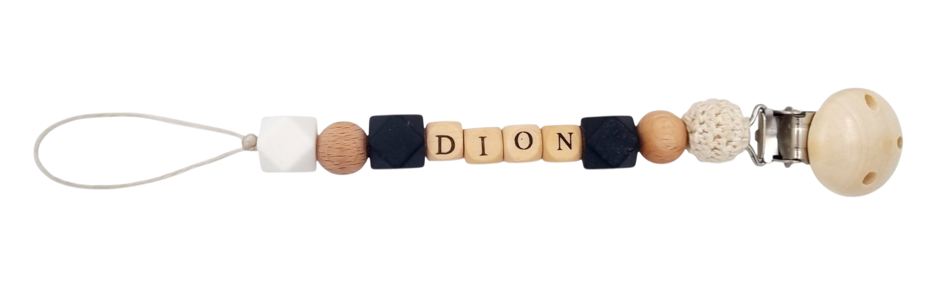 Gepersonaliseerd speenkoord met houten, stoffen en siliconen kralen — naam naar keuze