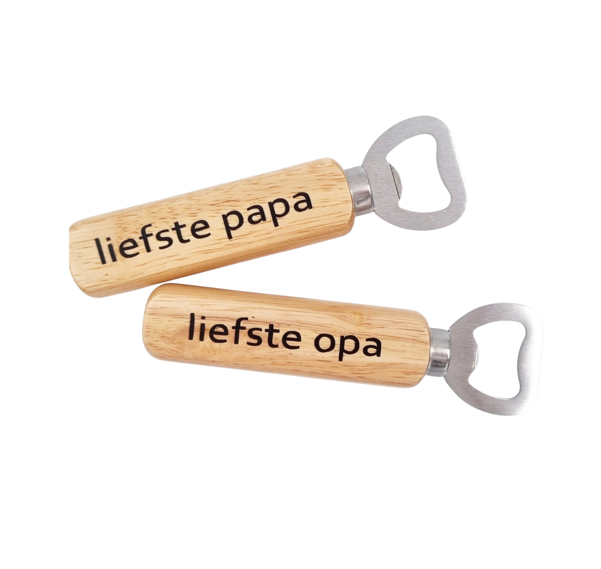 Houten bieropeners met tekst “liefste papa” en “liefste opa”, gepersonaliseerde flesopeners met houten handvat
