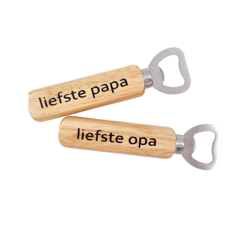 Houten bieropeners met tekst “liefste papa” en “liefste opa”, gepersonaliseerde flesopeners met houten handvat