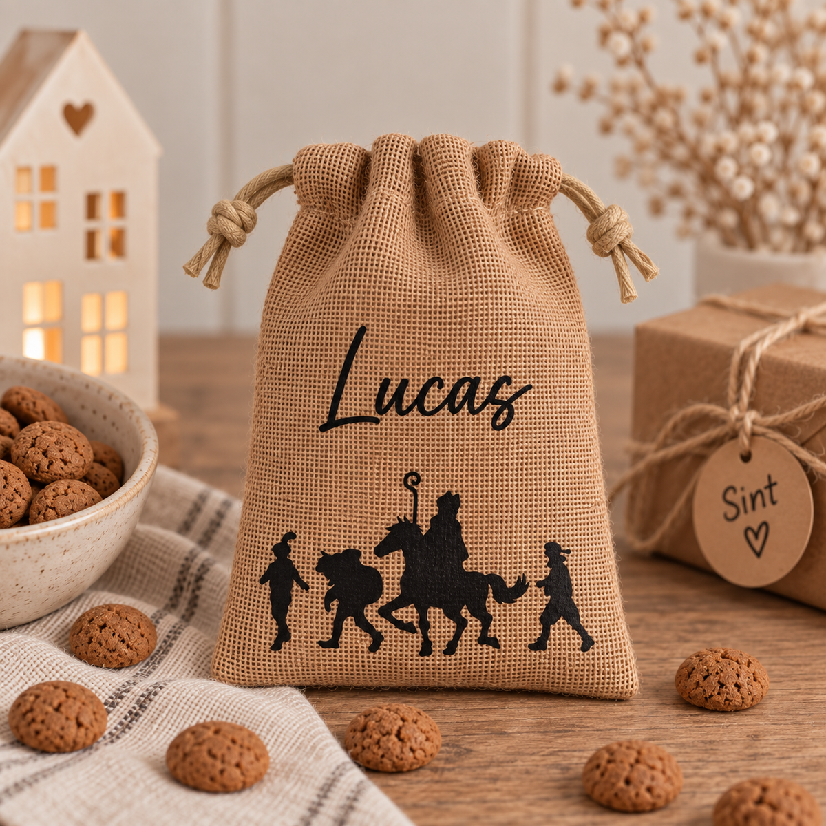 Sinterklaaszakje met naam – Sint & Pieten | Jute of katoen