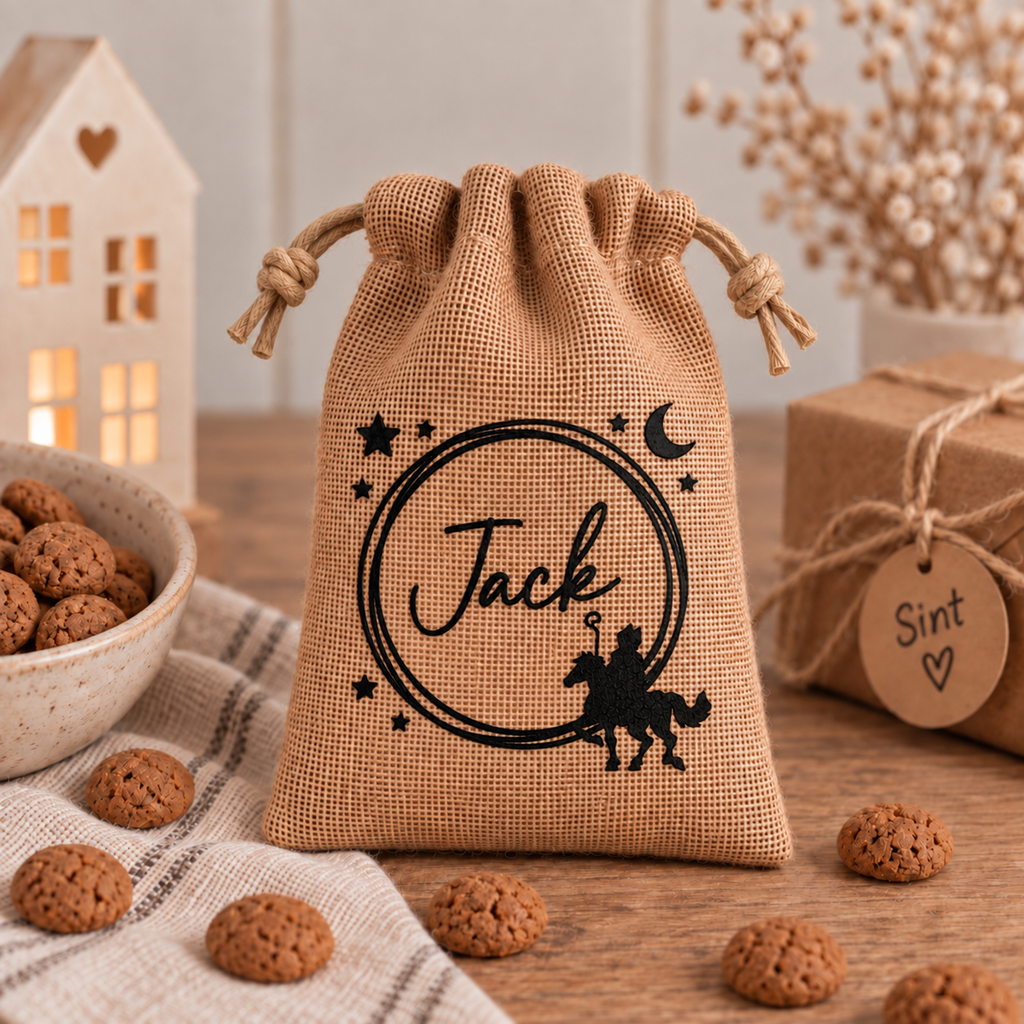 Sinterklaaszakje met naam – Cirkel | Jute of katoen