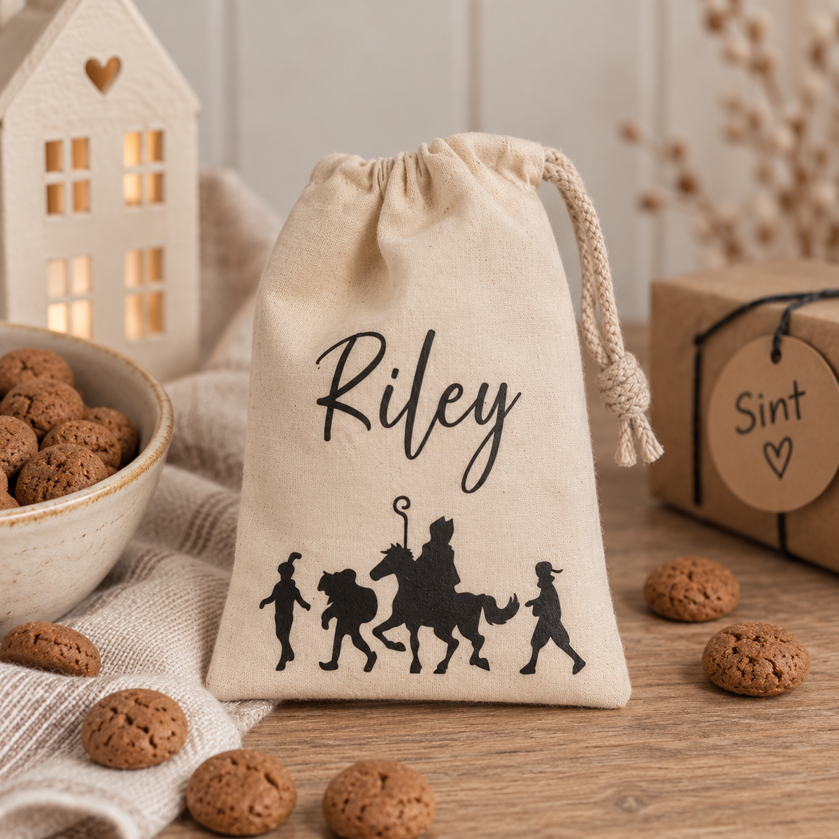 Sinterklaaszakje met naam – Sint & Pieten | Jute of katoen