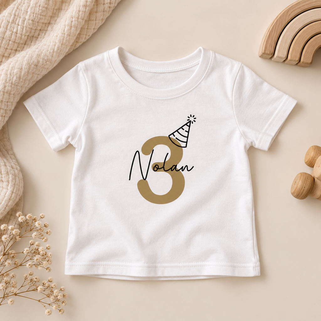 Verjaardagsshirt met naam en leeftijd – gepersonaliseerd kinder shirt